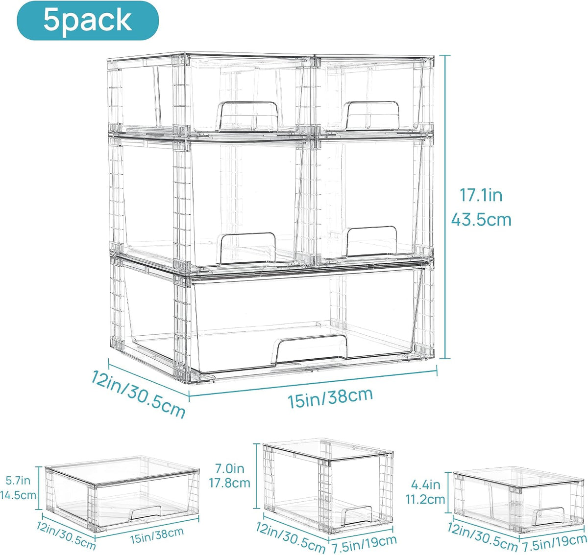 Clear Stackable Storage Drawers, 4 Pack Kitchen Cabinet Set | Medium and Small Pull-Out PET Drawers with Stackable Design for Kitchen Cabinets, Pantry, Under Sink, Medicine