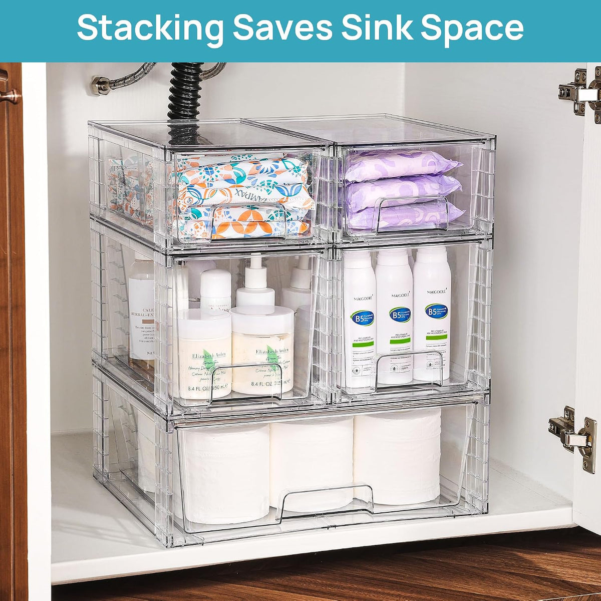 Clear Stackable Storage Drawers, 4 Pack Kitchen Cabinet Set | Medium and Small Pull-Out PET Drawers with Stackable Design for Kitchen Cabinets, Pantry, Under Sink, Medicine