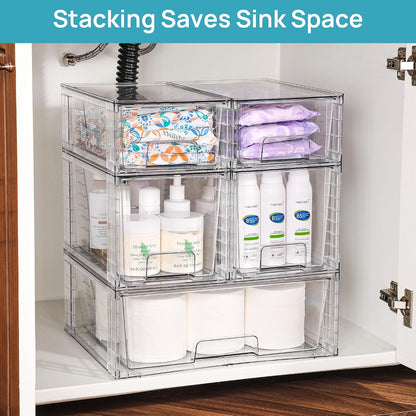 Clear Stackable Storage Drawers, 4 Pack Kitchen Cabinet Set | Medium and Small Pull-Out PET Drawers with Stackable Design for Kitchen Cabinets, Pantry, Under Sink, Medicine