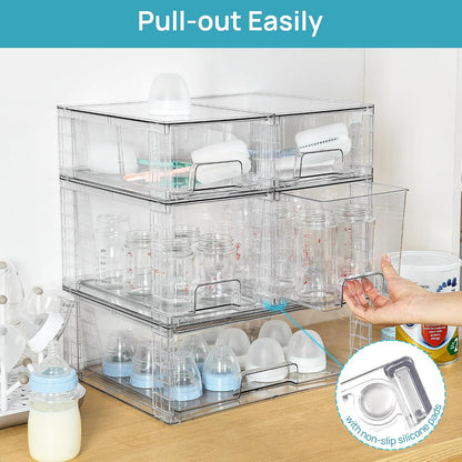 Clear Stackable Storage Drawers, 4 Pack Kitchen Cabinet Set | Medium and Small Pull-Out PET Drawers with Stackable Design for Kitchen Cabinets, Pantry, Under Sink, Medicine