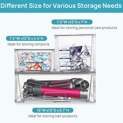 Clear Stackable Storage Drawers, 4 Pack Kitchen Cabinet Set | Medium and Small Pull-Out PET Drawers with Stackable Design for Kitchen Cabinets, Pantry, Under Sink, Medicine