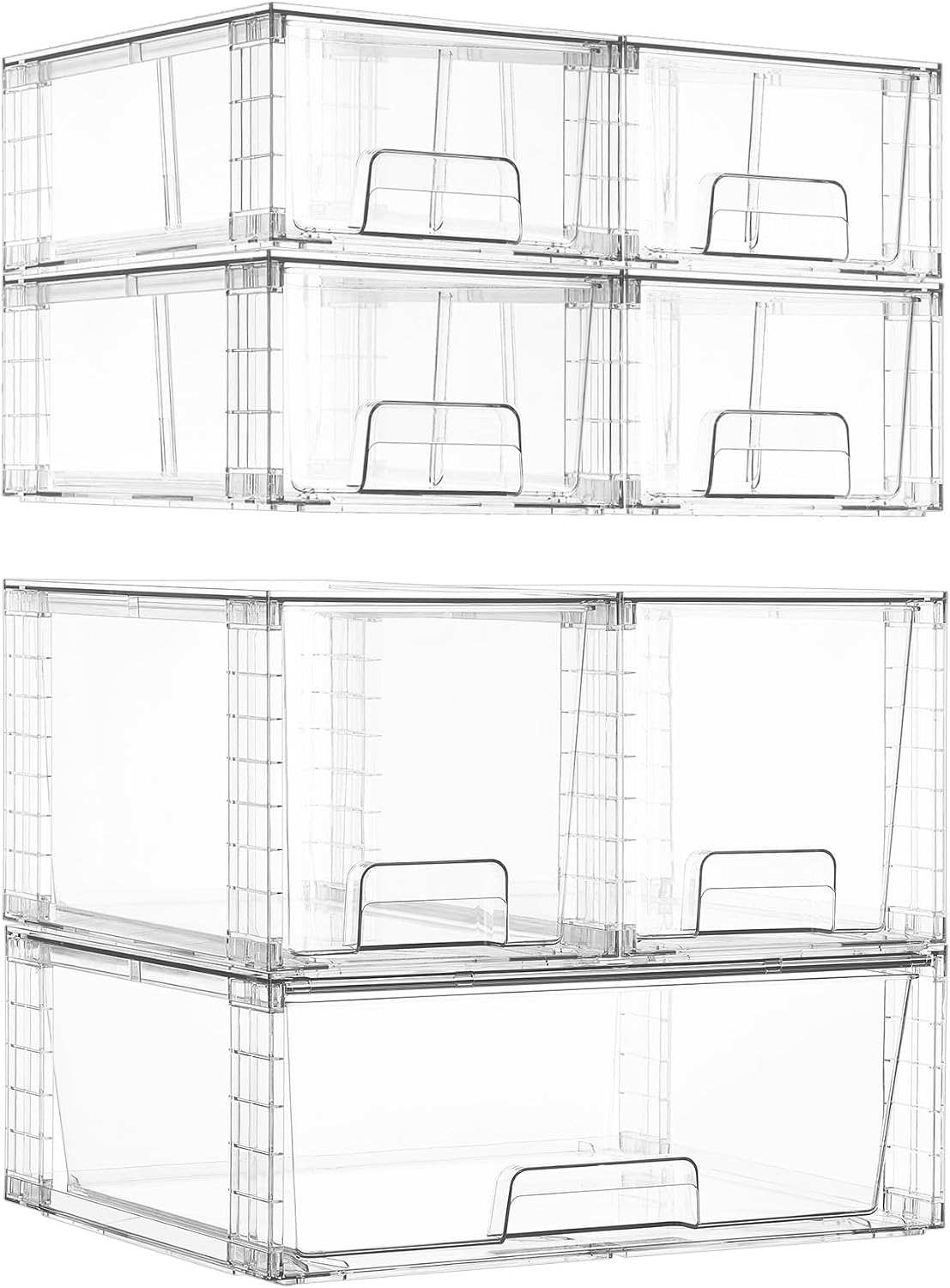 Clear Stackable Storage Drawers, 4 Pack Kitchen Cabinet Set | Medium and Small Pull-Out PET Drawers with Stackable Design for Kitchen Cabinets, Pantry, Under Sink, Medicine