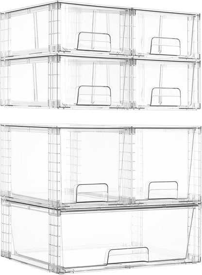 Clear Stackable Storage Drawers, 4 Pack Kitchen Cabinet Set | Medium and Small Pull-Out PET Drawers with Stackable Design for Kitchen Cabinets, Pantry, Under Sink, Medicine