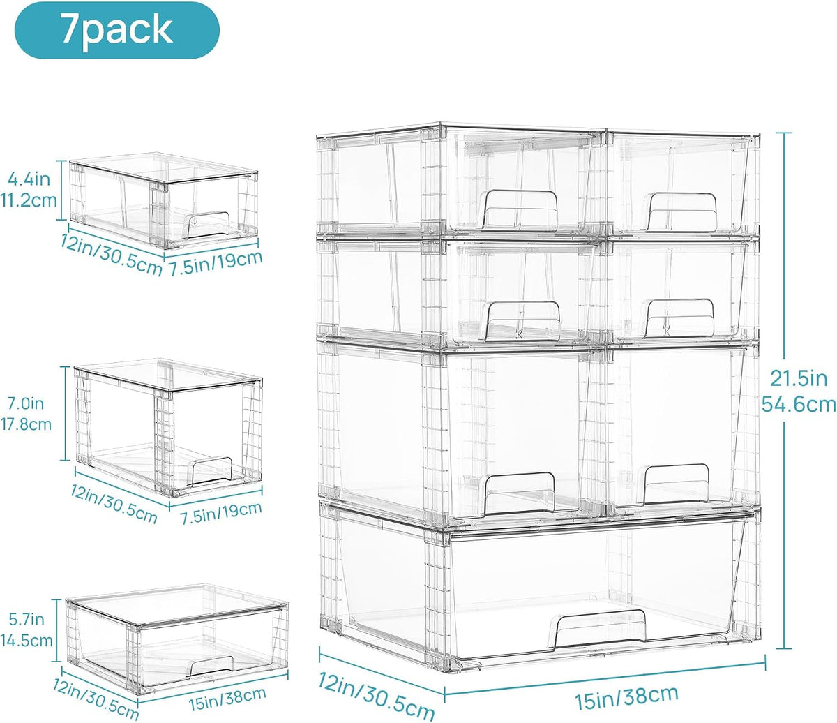 Clear Stackable Storage Drawers, 4 Pack Kitchen Cabinet Set | Medium and Small Pull-Out PET Drawers with Stackable Design for Kitchen Cabinets, Pantry, Under Sink, Medicine