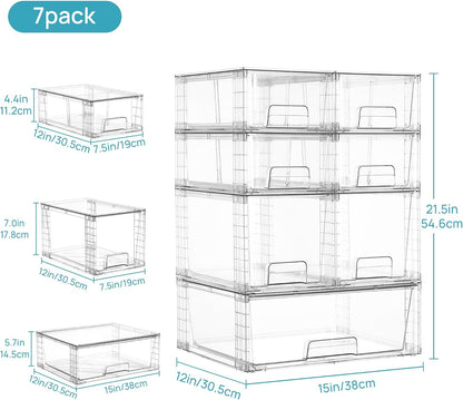Clear Stackable Storage Drawers, 4 Pack Kitchen Cabinet Set | Medium and Small Pull-Out PET Drawers with Stackable Design for Kitchen Cabinets, Pantry, Under Sink, Medicine