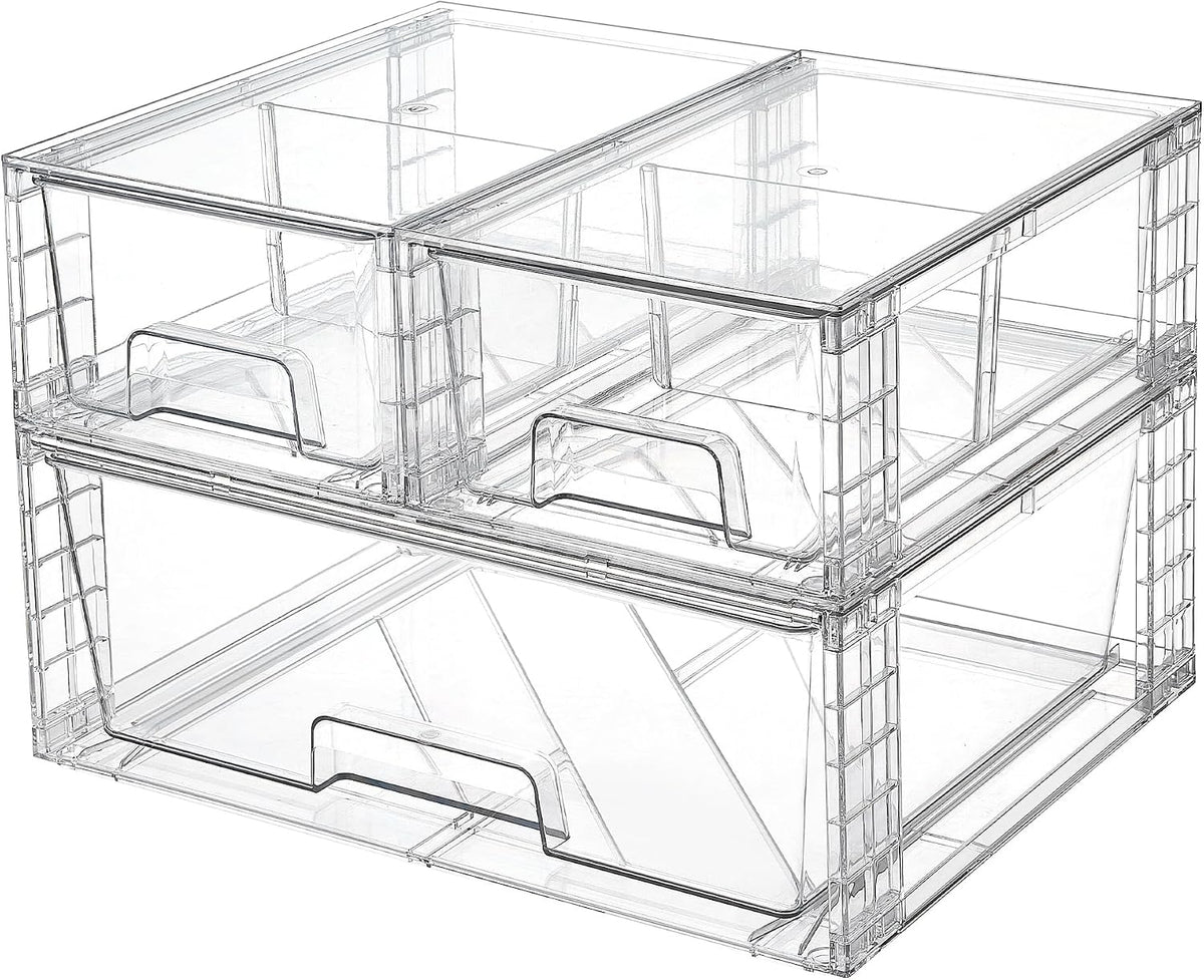Clear Stackable Storage Drawers, 4 Pack Kitchen Cabinet Set | Medium and Small Pull-Out PET Drawers with Stackable Design for Kitchen Cabinets, Pantry, Under Sink, Medicine