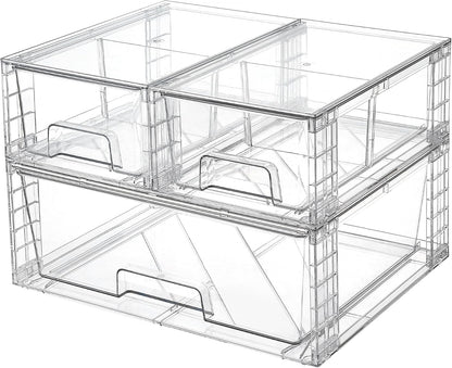 Clear Stackable Storage Drawers, 4 Pack Kitchen Cabinet Set | Medium and Small Pull-Out PET Drawers with Stackable Design for Kitchen Cabinets, Pantry, Under Sink, Medicine