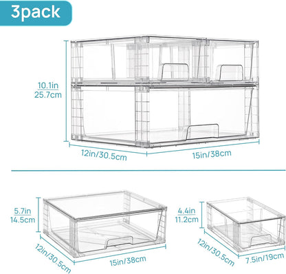 Clear Stackable Storage Drawers, 4 Pack Kitchen Cabinet Set | Medium and Small Pull-Out PET Drawers with Stackable Design for Kitchen Cabinets, Pantry, Under Sink, Medicine