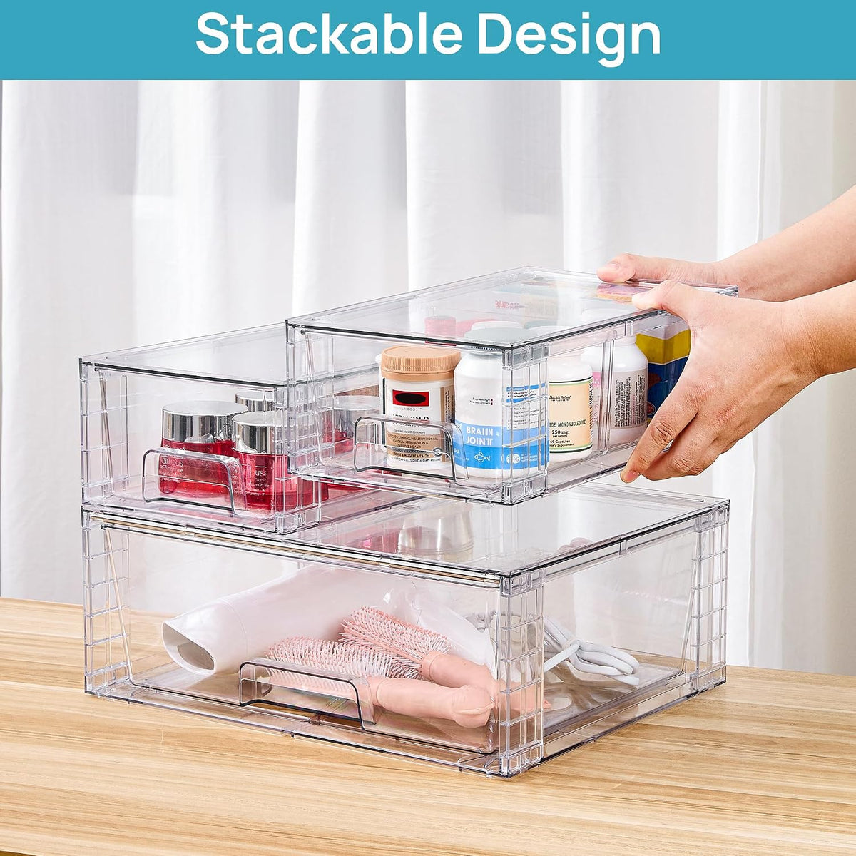 Clear Stackable Storage Drawers, 4 Pack Kitchen Cabinet Set | Medium and Small Pull-Out PET Drawers with Stackable Design for Kitchen Cabinets, Pantry, Under Sink, Medicine