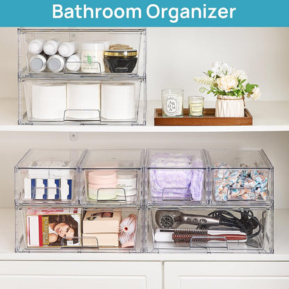 Clear Stackable Storage Drawers, 4 Pack Kitchen Cabinet Set | Medium and Small Pull-Out PET Drawers with Stackable Design for Kitchen Cabinets, Pantry, Under Sink, Medicine