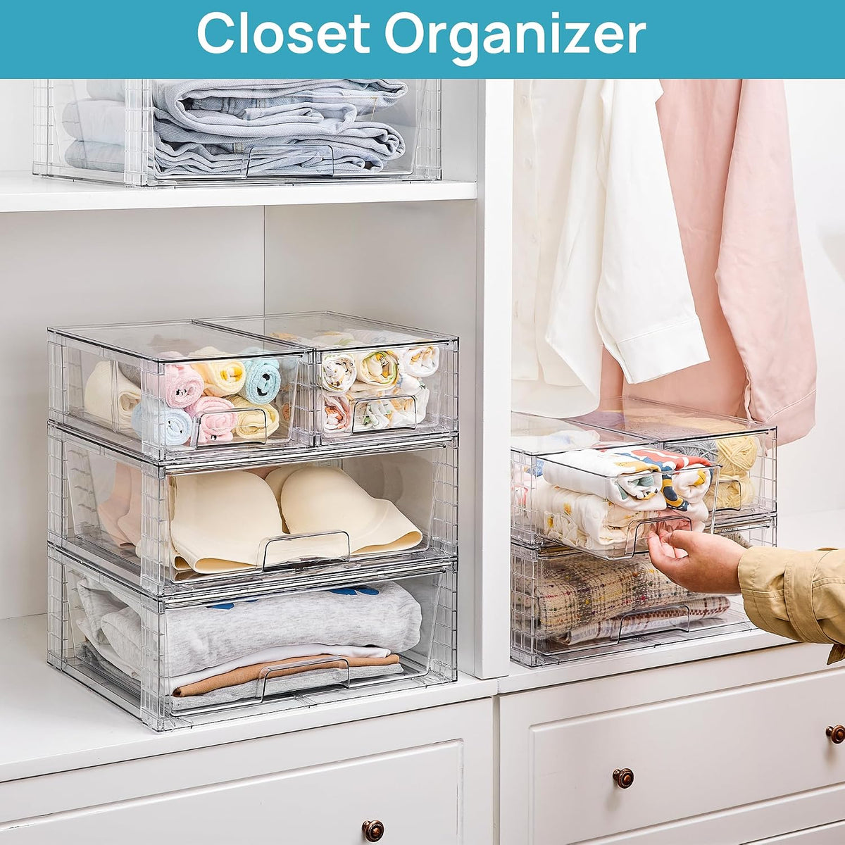 Clear Stackable Storage Drawers, 4 Pack Kitchen Cabinet Set | Medium and Small Pull-Out PET Drawers with Stackable Design for Kitchen Cabinets, Pantry, Under Sink, Medicine