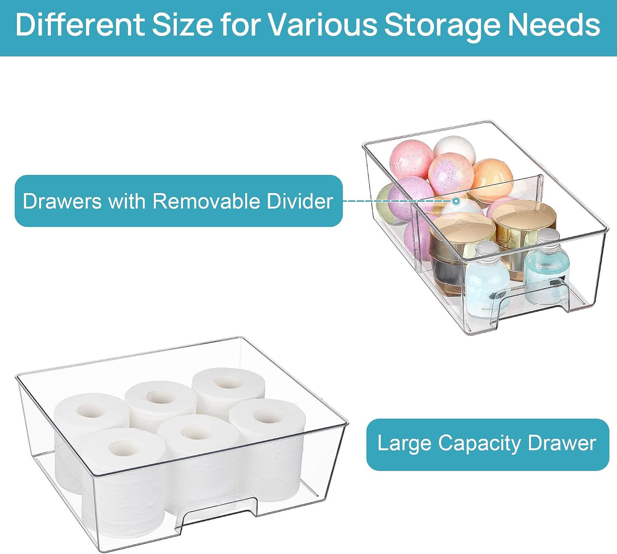 Clear Stackable Storage Drawers, 4 Pack Kitchen Cabinet Set | Medium and Small Pull-Out PET Drawers with Stackable Design for Kitchen Cabinets, Pantry, Under Sink, Medicine