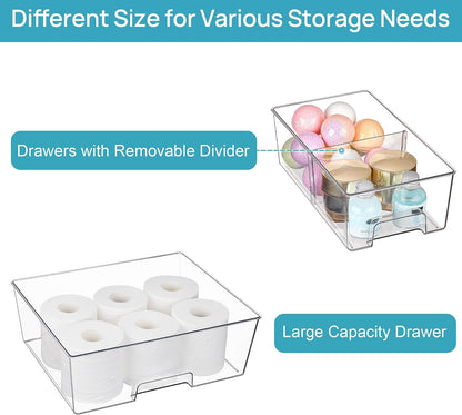 Clear Stackable Storage Drawers, 4 Pack Kitchen Cabinet Set | Medium and Small Pull-Out PET Drawers with Stackable Design for Kitchen Cabinets, Pantry, Under Sink, Medicine
