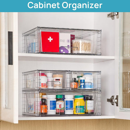 Clear Stackable Storage Drawers, 4 Pack Kitchen Cabinet Set | Medium and Small Pull-Out PET Drawers with Stackable Design for Kitchen Cabinets, Pantry, Under Sink, Medicine