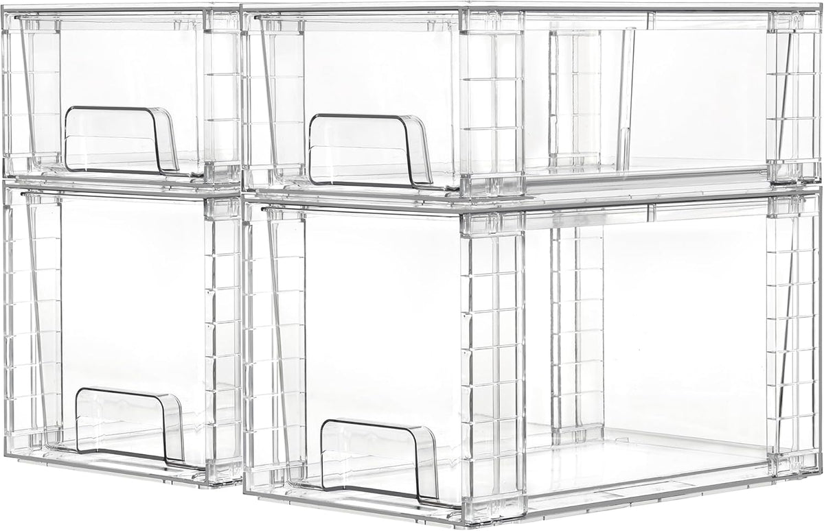 Clear Stackable Storage Drawers, 4 Pack Kitchen Cabinet Set | Medium and Small Pull-Out PET Drawers with Stackable Design for Kitchen Cabinets, Pantry, Under Sink, Medicine
