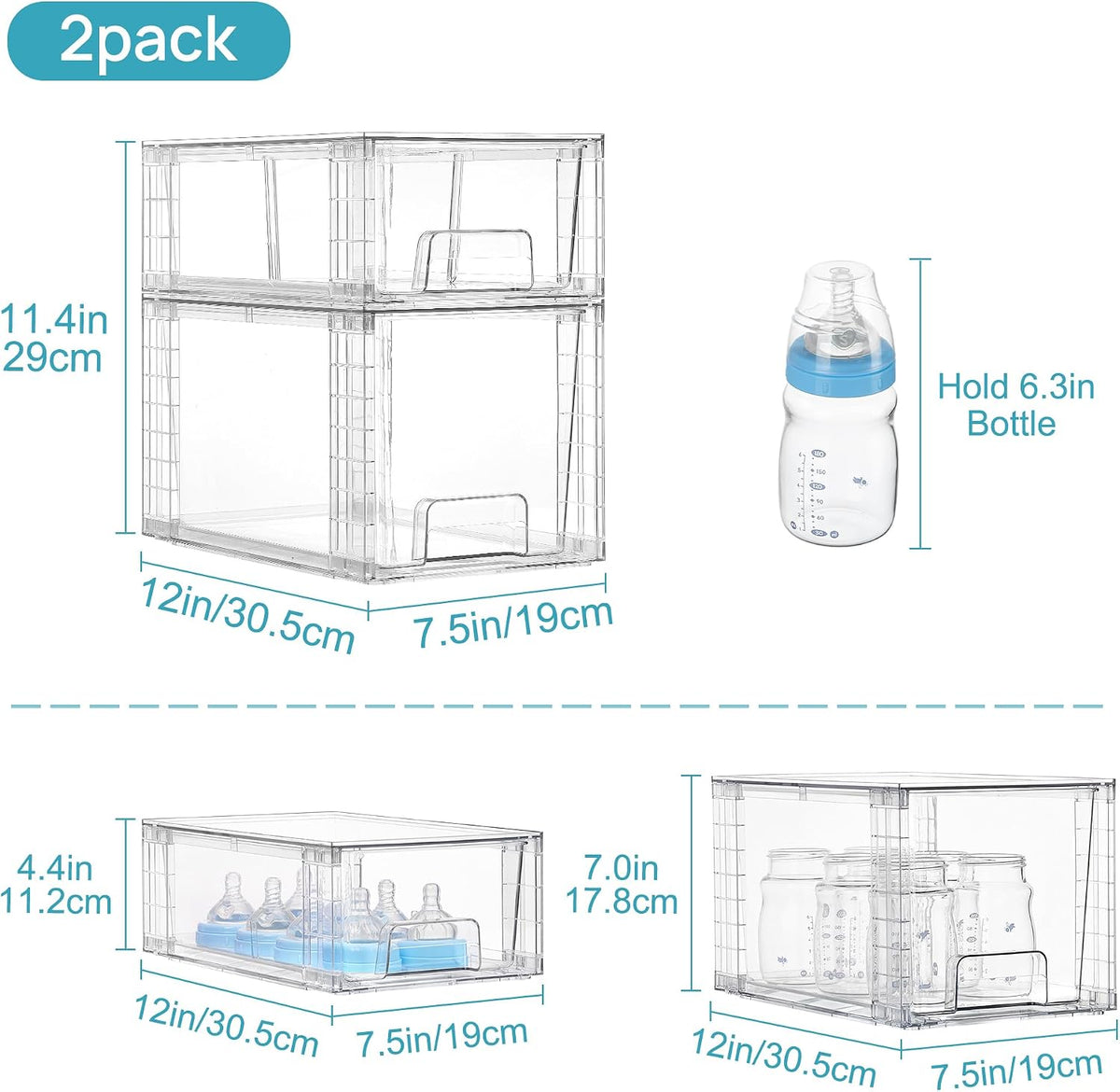 Clear Stackable Storage Drawers, 4 Pack Kitchen Cabinet Set | Medium and Small Pull-Out PET Drawers with Stackable Design for Kitchen Cabinets, Pantry, Under Sink, Medicine