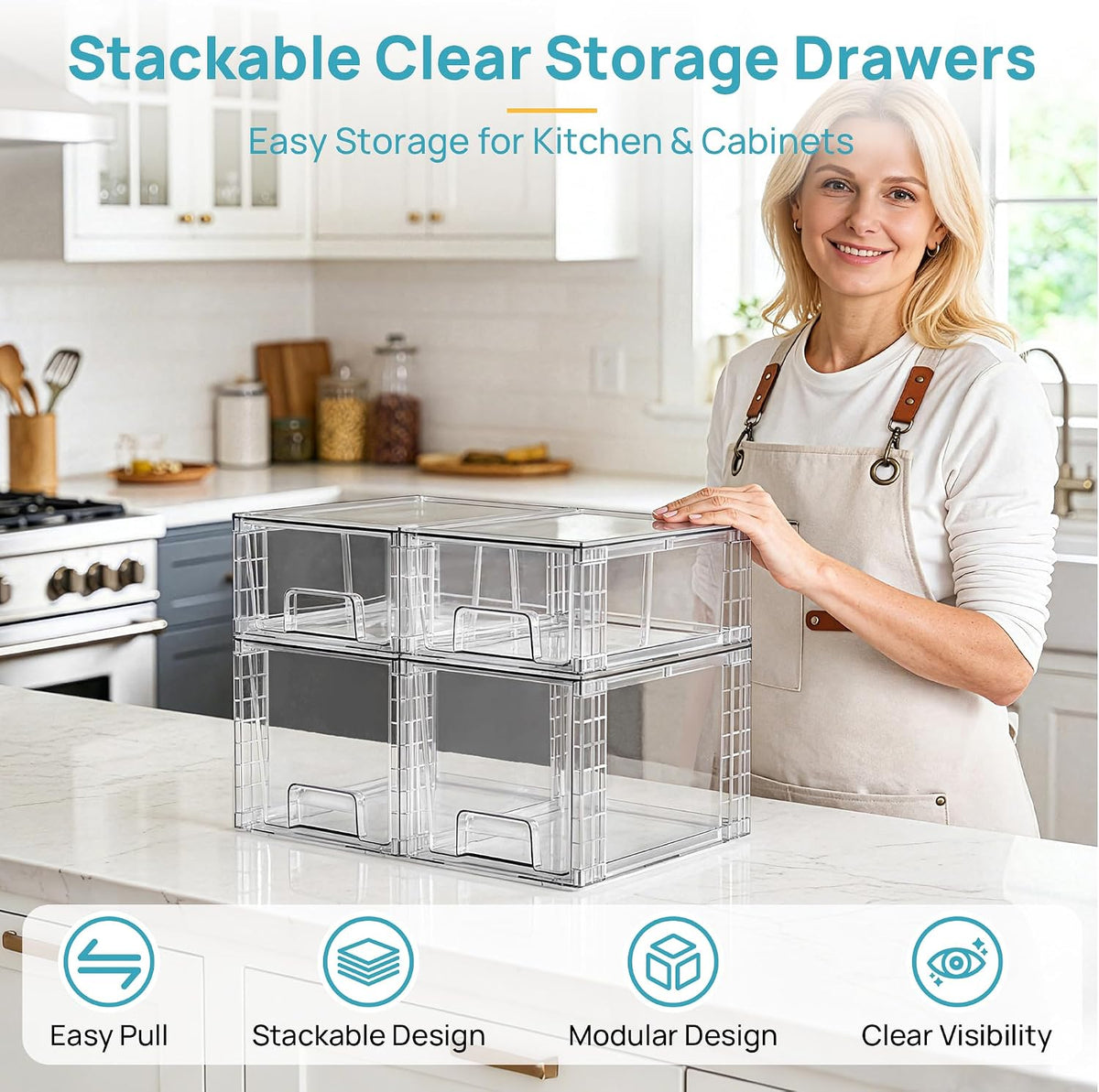 Clear Stackable Storage Drawers, 4 Pack Kitchen Cabinet Set | Medium and Small Pull-Out PET Drawers with Stackable Design for Kitchen Cabinets, Pantry, Under Sink, Medicine