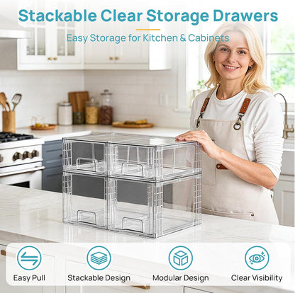 Clear Stackable Storage Drawers, 4 Pack Kitchen Cabinet Set | Medium and Small Pull-Out PET Drawers with Stackable Design for Kitchen Cabinets, Pantry, Under Sink, Medicine