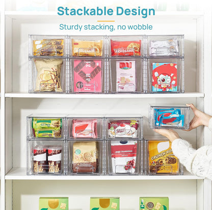 Clear Stackable Storage Drawers, 4 Pack Kitchen Cabinet Set | Medium and Small Pull-Out PET Drawers with Stackable Design for Kitchen Cabinets, Pantry, Under Sink, Medicine