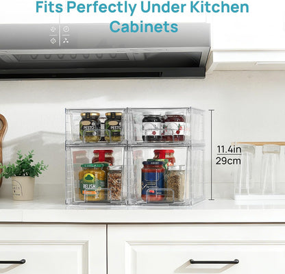 Clear Stackable Storage Drawers, 4 Pack Kitchen Cabinet Set | Medium and Small Pull-Out PET Drawers with Stackable Design for Kitchen Cabinets, Pantry, Under Sink, Medicine