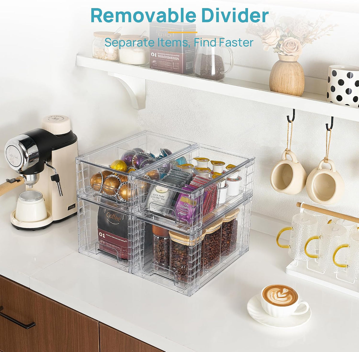 Clear Stackable Storage Drawers, 4 Pack Kitchen Cabinet Set | Medium and Small Pull-Out PET Drawers with Stackable Design for Kitchen Cabinets, Pantry, Under Sink, Medicine