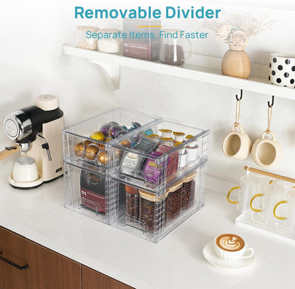 Clear Stackable Storage Drawers, 4 Pack Kitchen Cabinet Set | Medium and Small Pull-Out PET Drawers with Stackable Design for Kitchen Cabinets, Pantry, Under Sink, Medicine
