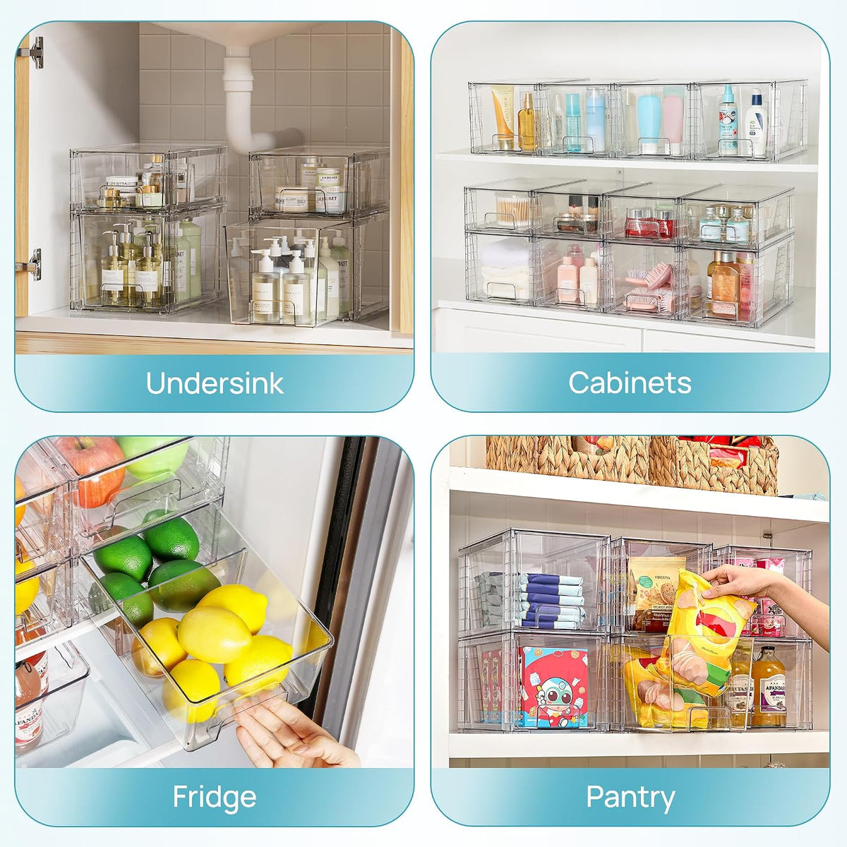 Clear Stackable Storage Drawers, 4 Pack Kitchen Cabinet Set | Medium and Small Pull-Out PET Drawers with Stackable Design for Kitchen Cabinets, Pantry, Under Sink, Medicine