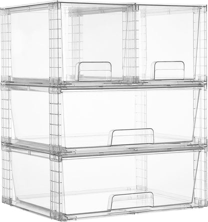 Clear Stackable Storage Drawers, 4 Pack Kitchen Cabinet Set | Medium and Small Pull-Out PET Drawers with Stackable Design for Kitchen Cabinets, Pantry, Under Sink, Medicine