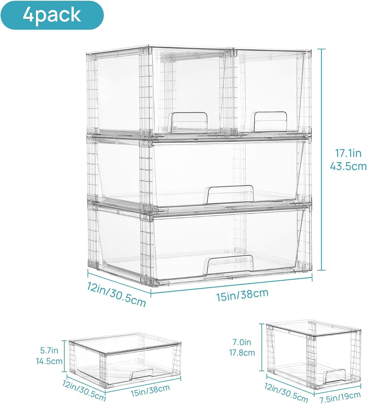 Clear Stackable Storage Drawers, 4 Pack Kitchen Cabinet Set | Medium and Small Pull-Out PET Drawers with Stackable Design for Kitchen Cabinets, Pantry, Under Sink, Medicine
