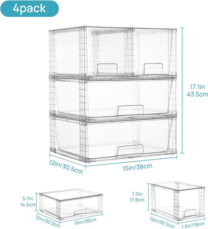 Clear Stackable Storage Drawers, 4 Pack Kitchen Cabinet Set | Medium and Small Pull-Out PET Drawers with Stackable Design for Kitchen Cabinets, Pantry, Under Sink, Medicine