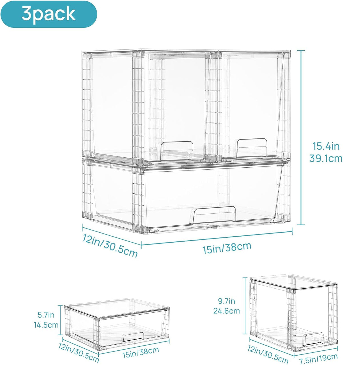 Clear Stackable Storage Drawers, 4 Pack Kitchen Cabinet Set | Medium and Small Pull-Out PET Drawers with Stackable Design for Kitchen Cabinets, Pantry, Under Sink, Medicine