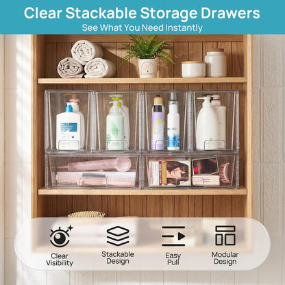 Clear Stackable Storage Drawers, 4 Pack Kitchen Cabinet Set | Medium and Small Pull-Out PET Drawers with Stackable Design for Kitchen Cabinets, Pantry, Under Sink, Medicine