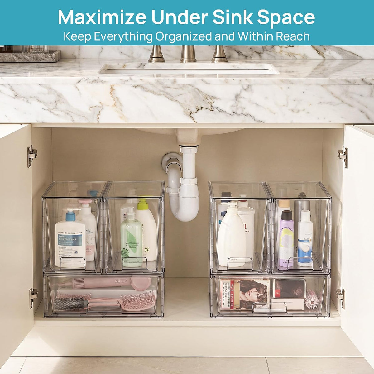 Clear Stackable Storage Drawers, 4 Pack Kitchen Cabinet Set | Medium and Small Pull-Out PET Drawers with Stackable Design for Kitchen Cabinets, Pantry, Under Sink, Medicine