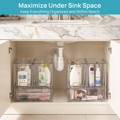 Clear Stackable Storage Drawers, 4 Pack Kitchen Cabinet Set | Medium and Small Pull-Out PET Drawers with Stackable Design for Kitchen Cabinets, Pantry, Under Sink, Medicine
