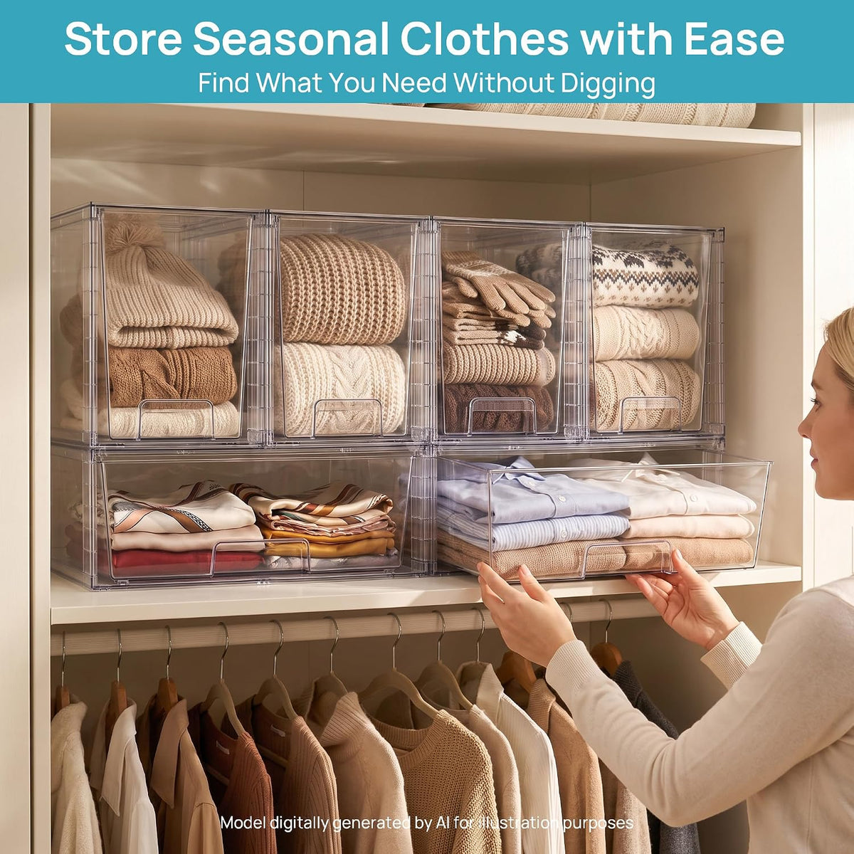 Clear Stackable Storage Drawers, 4 Pack Kitchen Cabinet Set | Medium and Small Pull-Out PET Drawers with Stackable Design for Kitchen Cabinets, Pantry, Under Sink, Medicine