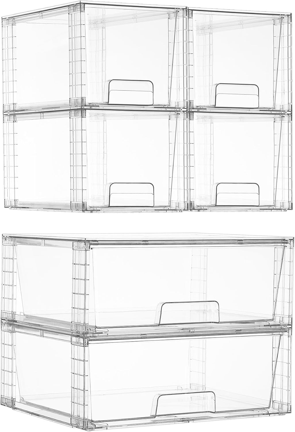 Clear Stackable Storage Drawers, 4 Pack Kitchen Cabinet Set | Medium and Small Pull-Out PET Drawers with Stackable Design for Kitchen Cabinets, Pantry, Under Sink, Medicine