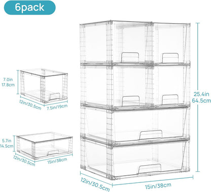 Clear Stackable Storage Drawers, 4 Pack Kitchen Cabinet Set | Medium and Small Pull-Out PET Drawers with Stackable Design for Kitchen Cabinets, Pantry, Under Sink, Medicine