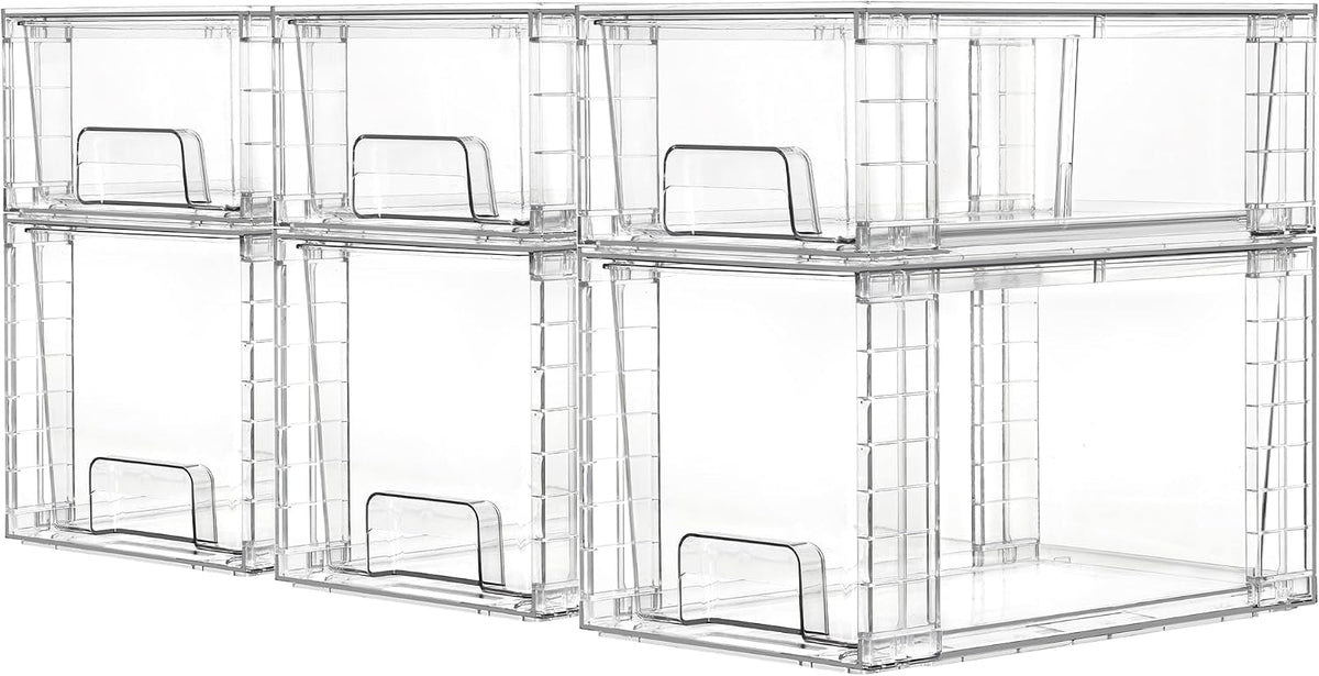 Clear Stackable Storage Drawers, 4 Pack Kitchen Cabinet Set | Medium and Small Pull-Out PET Drawers with Stackable Design for Kitchen Cabinets, Pantry, Under Sink, Medicine