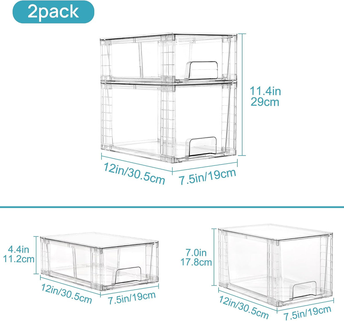 Clear Stackable Storage Drawers, 4 Pack Kitchen Cabinet Set | Medium and Small Pull-Out PET Drawers with Stackable Design for Kitchen Cabinets, Pantry, Under Sink, Medicine
