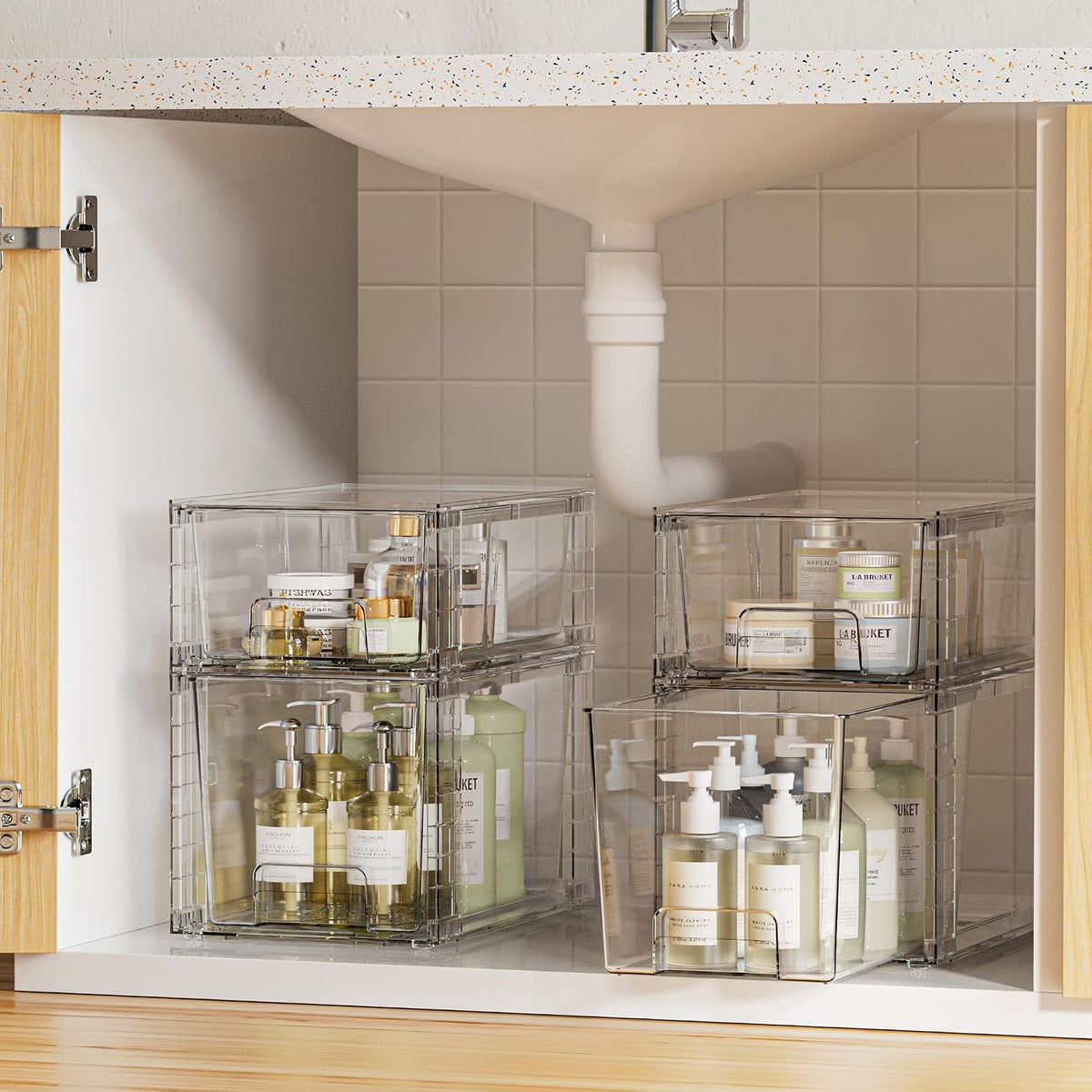 Clear Stackable Storage Drawers, 4 Pack Kitchen Cabinet Set | Medium and Small Pull-Out PET Drawers with Stackable Design for Kitchen Cabinets, Pantry, Under Sink, Medicine