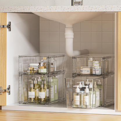 Clear Stackable Storage Drawers, 4 Pack Kitchen Cabinet Set | Medium and Small Pull-Out PET Drawers with Stackable Design for Kitchen Cabinets, Pantry, Under Sink, Medicine