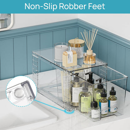 Clear Stackable Storage Drawers, 4 Pack Kitchen Cabinet Set | Medium and Small Pull-Out PET Drawers with Stackable Design for Kitchen Cabinets, Pantry, Under Sink, Medicine