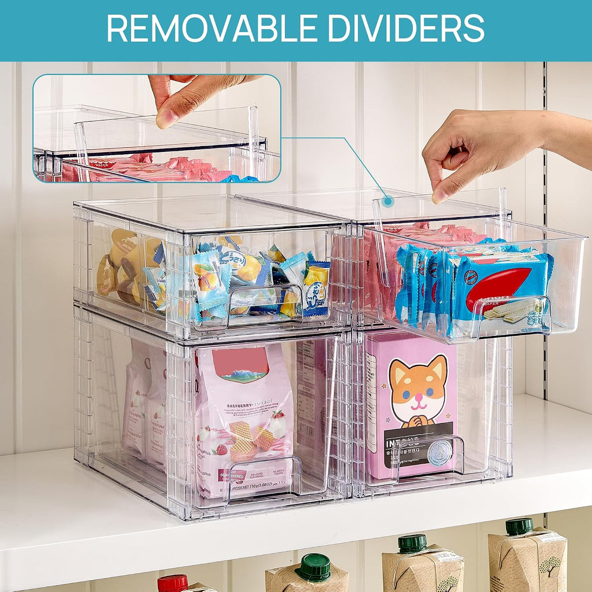 Clear Stackable Storage Drawers, 4 Pack Kitchen Cabinet Set | Medium and Small Pull-Out PET Drawers with Stackable Design for Kitchen Cabinets, Pantry, Under Sink, Medicine