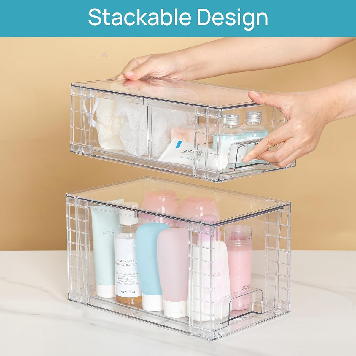 Clear Stackable Storage Drawers, 4 Pack Kitchen Cabinet Set | Medium and Small Pull-Out PET Drawers with Stackable Design for Kitchen Cabinets, Pantry, Under Sink, Medicine