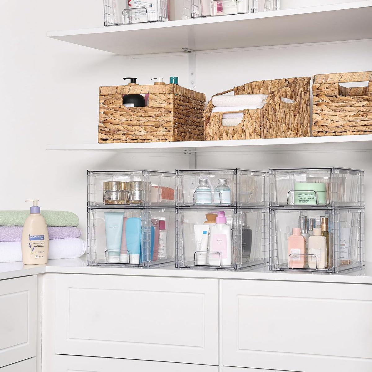 Clear Stackable Storage Drawers, 4 Pack Kitchen Cabinet Set | Medium and Small Pull-Out PET Drawers with Stackable Design for Kitchen Cabinets, Pantry, Under Sink, Medicine