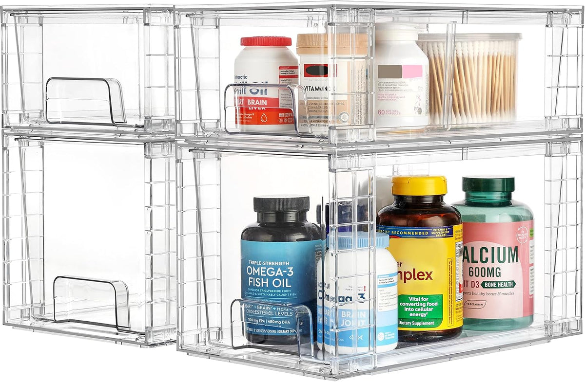 Clear Stackable Storage Drawers, 4 Pack Kitchen Cabinet Set | Medium and Small Pull-Out PET Drawers with Stackable Design for Kitchen Cabinets, Pantry, Under Sink, Medicine