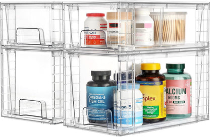Clear Stackable Storage Drawers, 4 Pack Kitchen Cabinet Set | Medium and Small Pull-Out PET Drawers with Stackable Design for Kitchen Cabinets, Pantry, Under Sink, Medicine