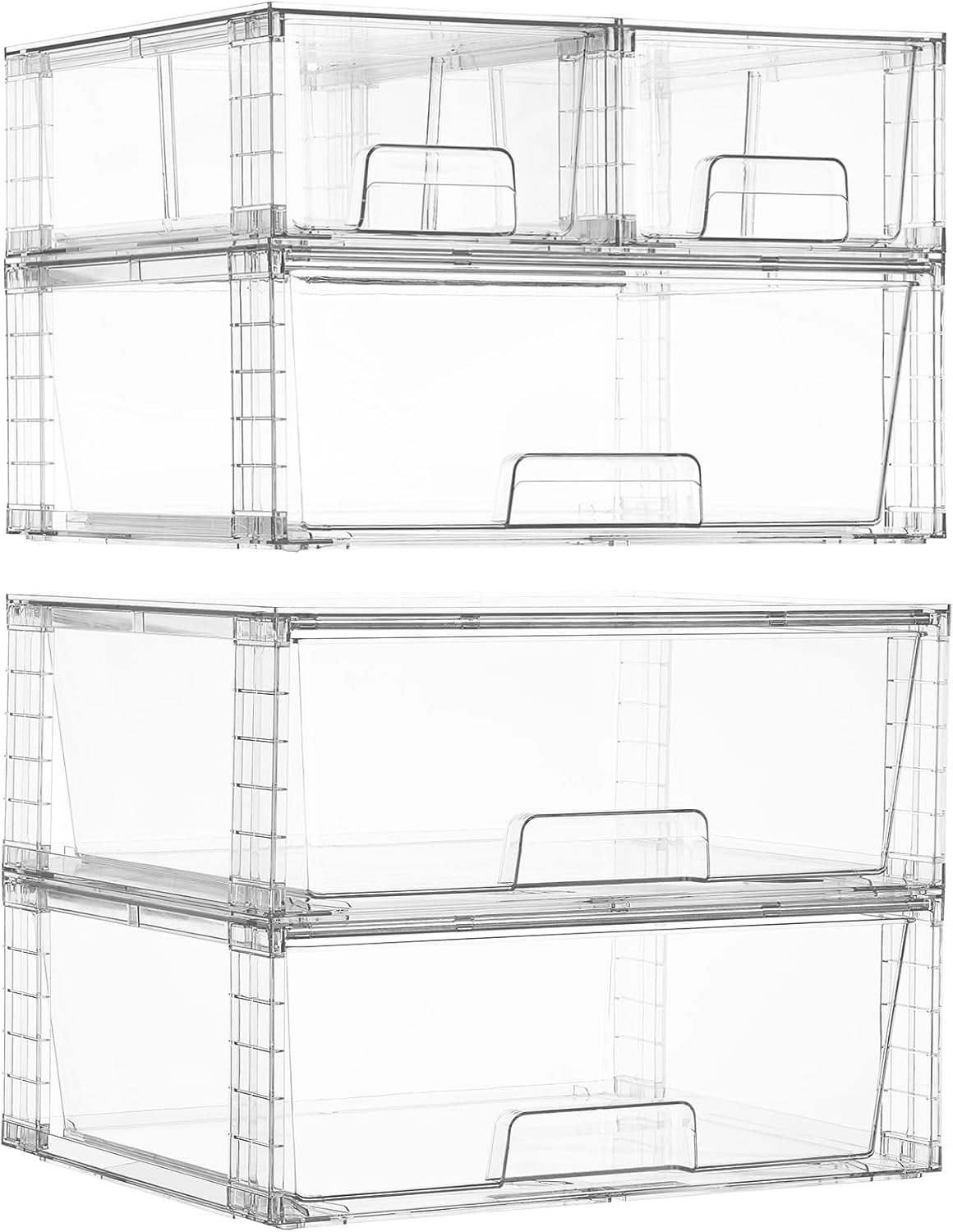 Clear Stackable Storage Drawers, 4 Pack Kitchen Cabinet Set | Medium and Small Pull-Out PET Drawers with Stackable Design for Kitchen Cabinets, Pantry, Under Sink, Medicine