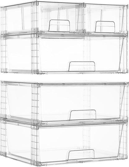 Clear Stackable Storage Drawers, 4 Pack Kitchen Cabinet Set | Medium and Small Pull-Out PET Drawers with Stackable Design for Kitchen Cabinets, Pantry, Under Sink, Medicine