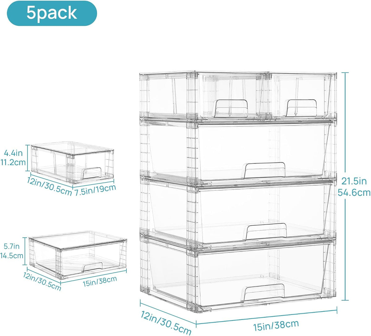 Clear Stackable Storage Drawers, 4 Pack Kitchen Cabinet Set | Medium and Small Pull-Out PET Drawers with Stackable Design for Kitchen Cabinets, Pantry, Under Sink, Medicine